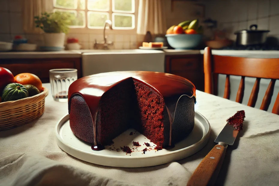 alt="Bolo de chocolate fofinho e molhadinho com calda"